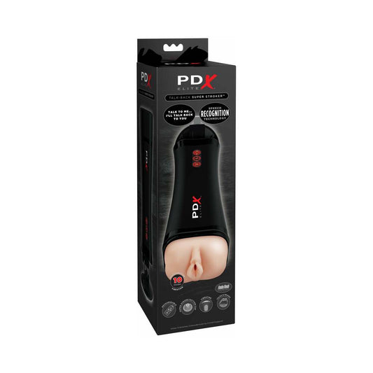 PDX Elite Talk-Back Rechargeable Vibrating Super Stroker With Hands-Free Suction Cup Beige/Black - Red Garter