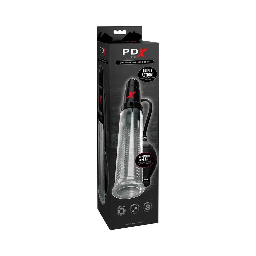 PDX Elite Suck-N-Pump Vibrating Penis Pump & Stroker Clear - Red Garter