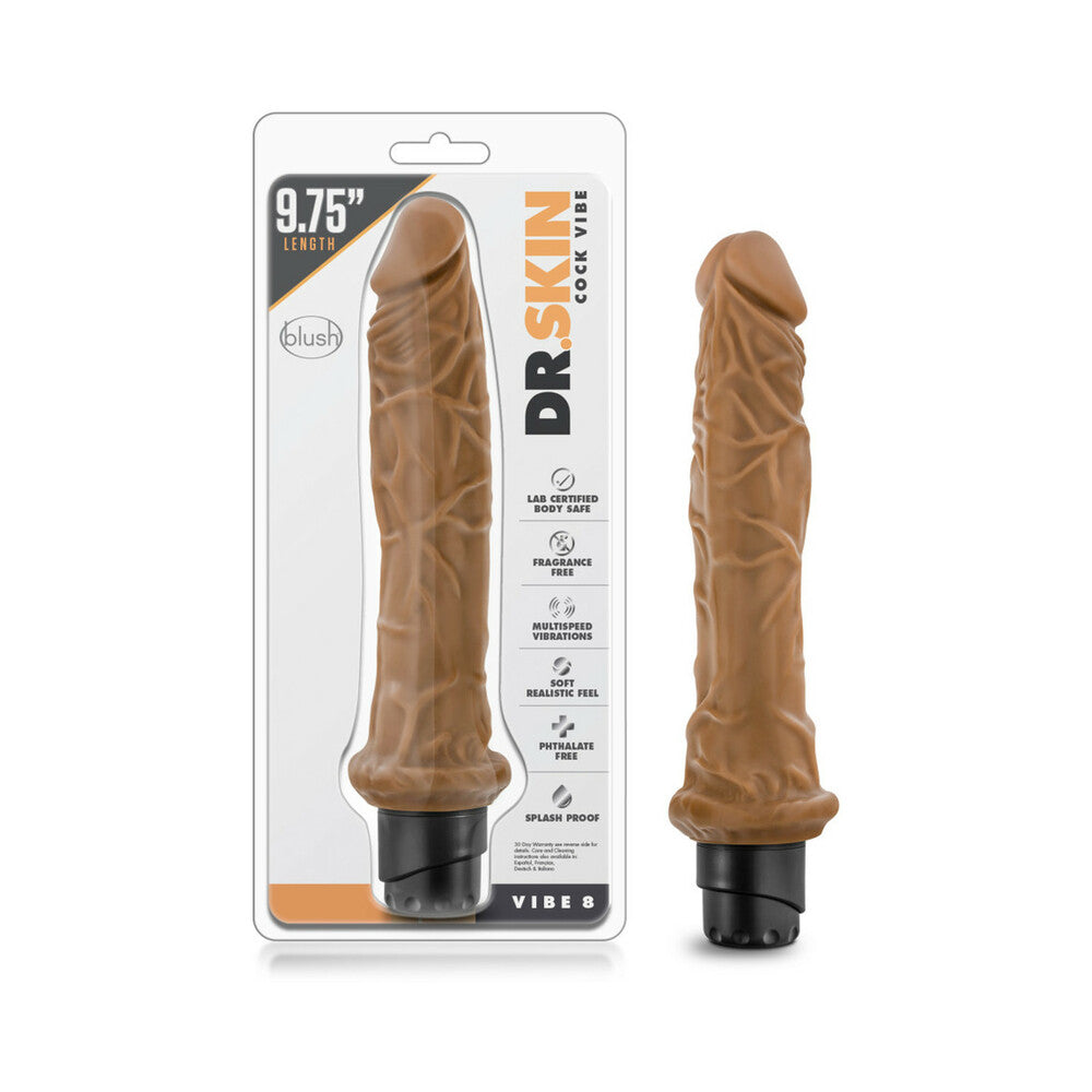 Dr. Skin Vibe 8 Realistic 9.75 in. Vibrating Dildo Tan - Red Garter