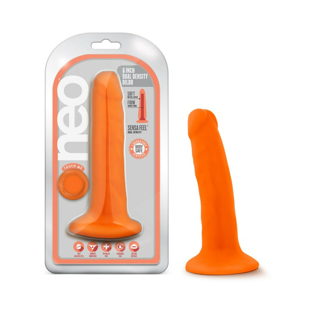 Neo 6 in. Dual Density Dildo Neon Orange - Red Garter