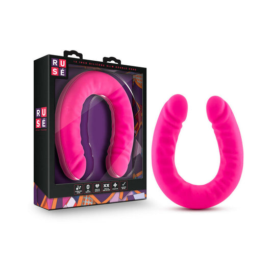Blush Ruse Realistic 18 in. Silicone Slim Double Dong Dual Ended Dildo Hot Pink - Red Garter