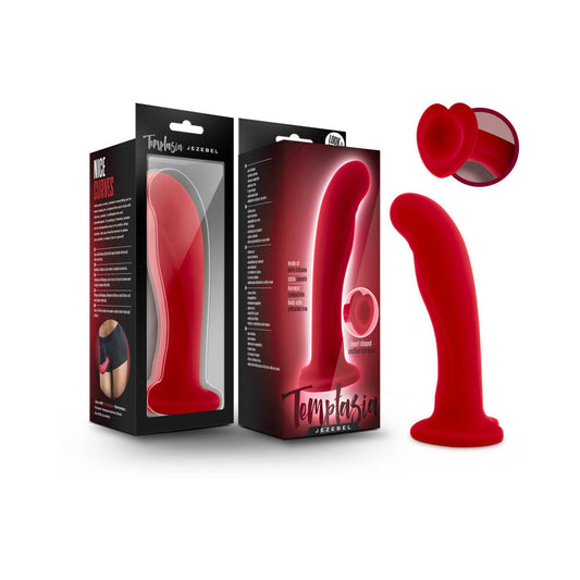 Temptasia Jezebel 6 in. Curved Silicone Dildo with Heart-Shaped Suction Cup Crimson - Red Garter
