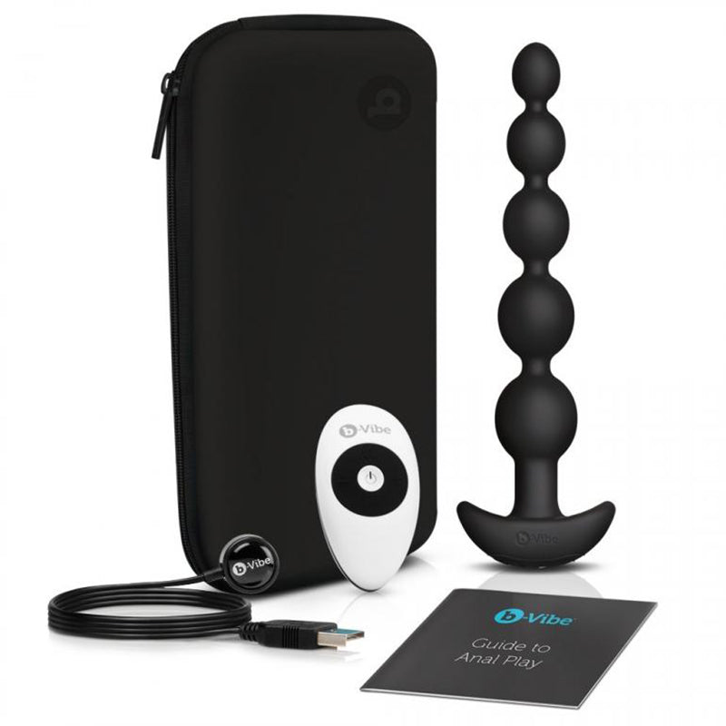 b-Vibe Cinco Rechargeable Remote-Controlled Vibrating Anal Beads Plug Black - Red Garter