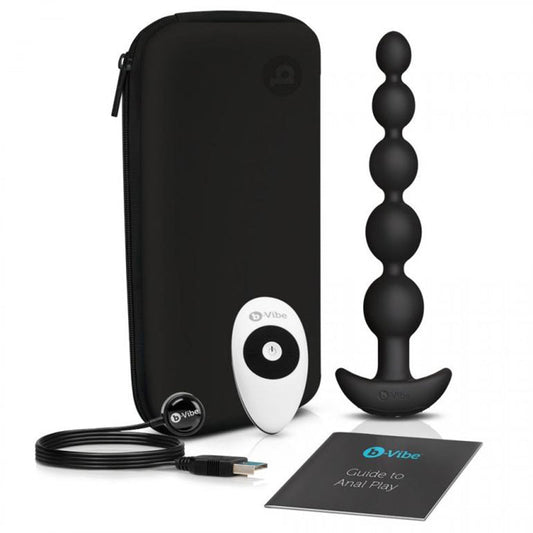 b-Vibe Cinco Rechargeable Remote-Controlled Vibrating Anal Beads Plug Black - Red Garter