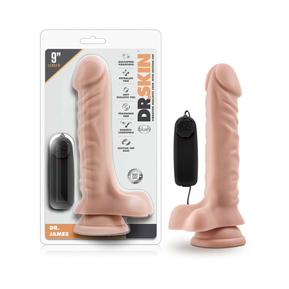 Dr. Skin Dr. James Realistic 9 in. Vibrating Dildo with Balls Beige - Red Garter