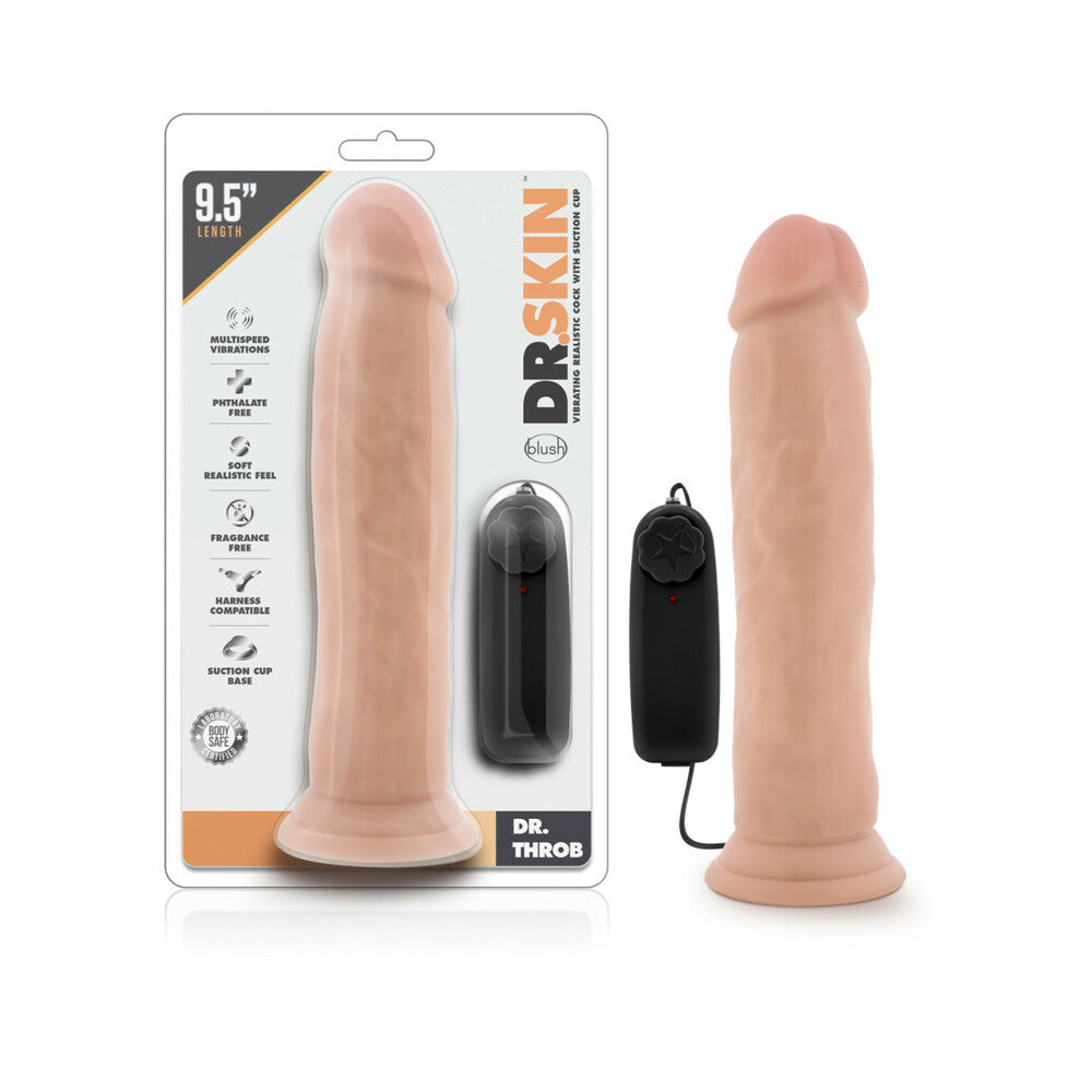 Dr. Skin Dr. Throb Realistic 9.5 in. Vibrating Dildo Beige - Red Garter