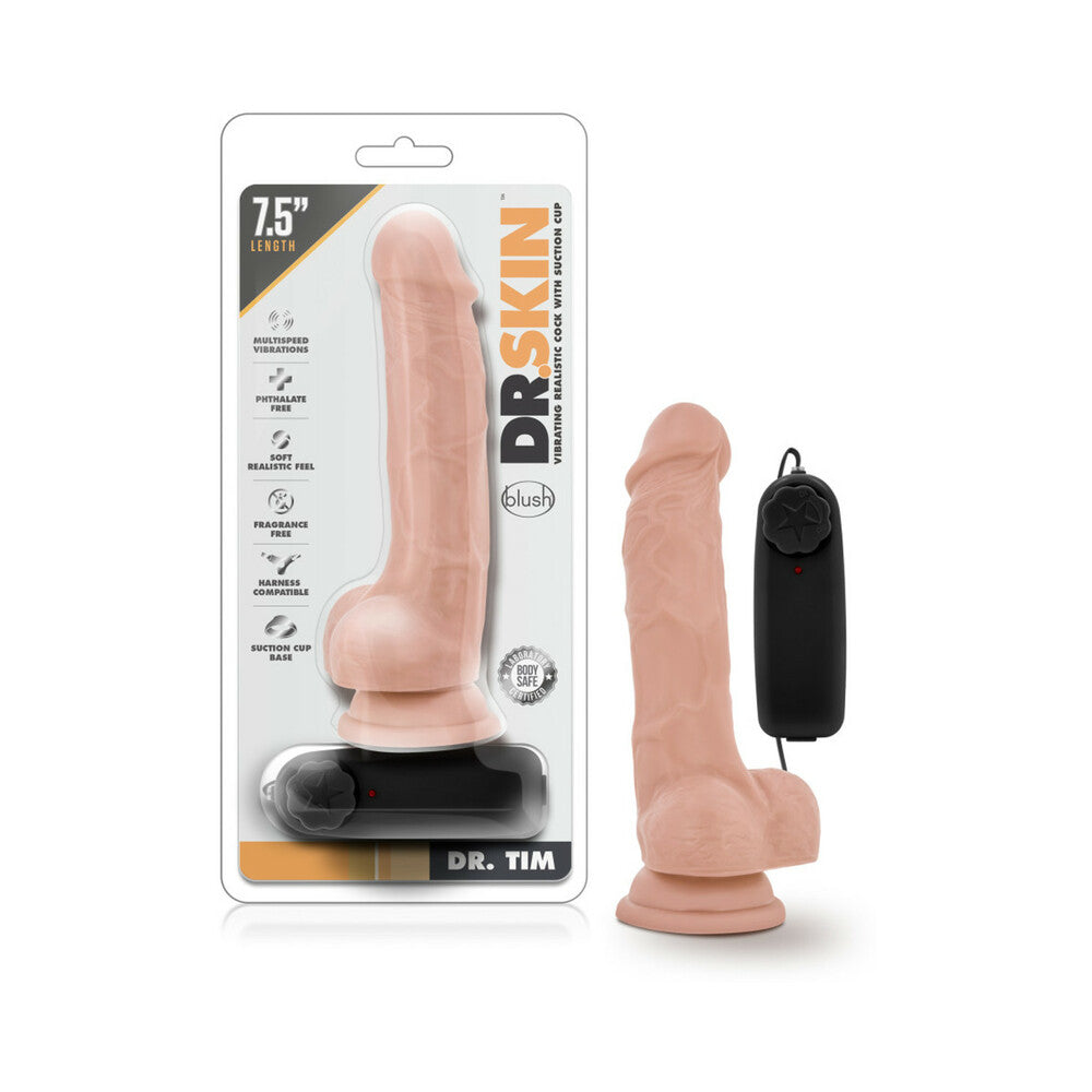 Dr. Skin Dr. Tim Realistic 7.5 in. Vibrating Dildo with Balls Beige - Red Garter