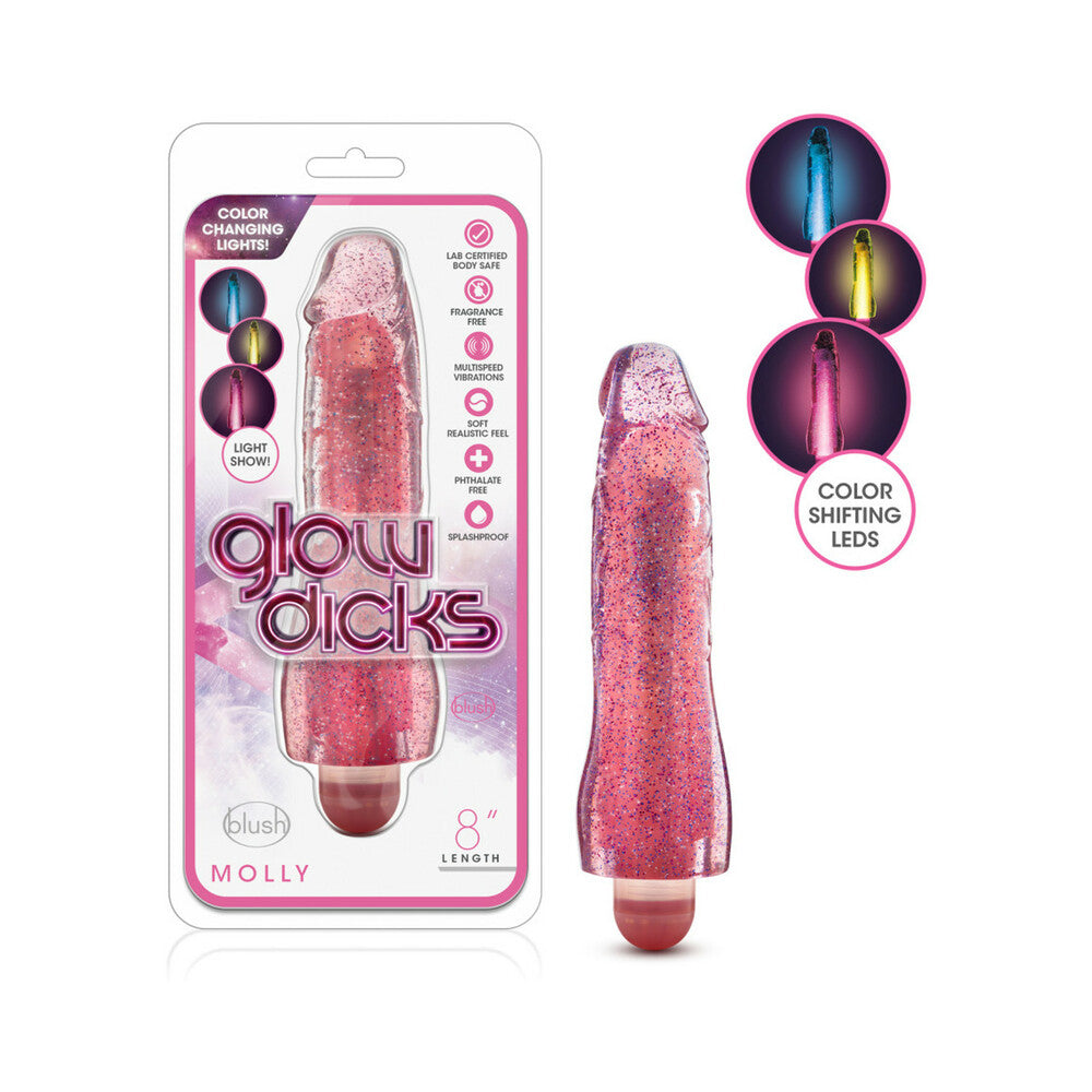 Blush Glow Dicks Molly Color Changing 8 in. Vibrating Dildo Glitter Pink - Red Garter