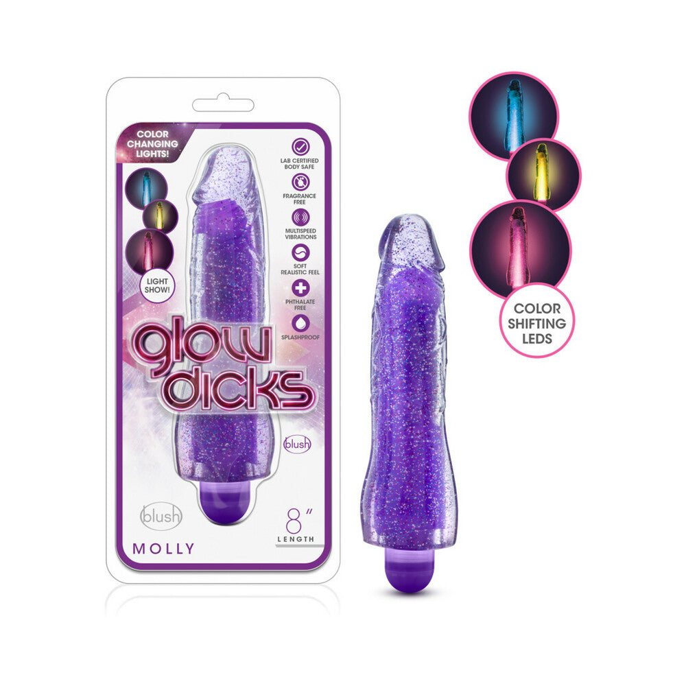 Glow Dicks Molly Color Changing 8 in. Vibrating Dildo Glitter Purple - Red Garter