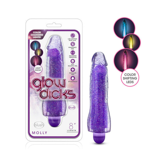 Glow Dicks Molly Color Changing 8 in. Vibrating Dildo Glitter Purple - Red Garter