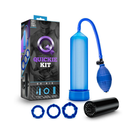 Quickie Kit Go Big Pump, Stroker & 3-Piece Cockring Set Blue - Red Garter
