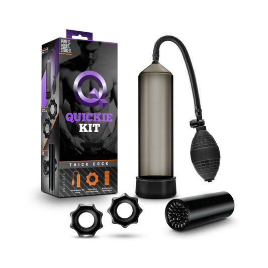 Quickie Kit Thick Cock Pump, Stroker & 2-Piece Cockring Set Black - Red Garter