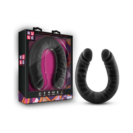 Blush Ruse Realistic 18 in. Silicone Slim Double Dildo Black - Red Garter