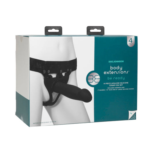 Be Ready Body Extensions Hollow Strap-On 4-Piece Set Black - Red Garter