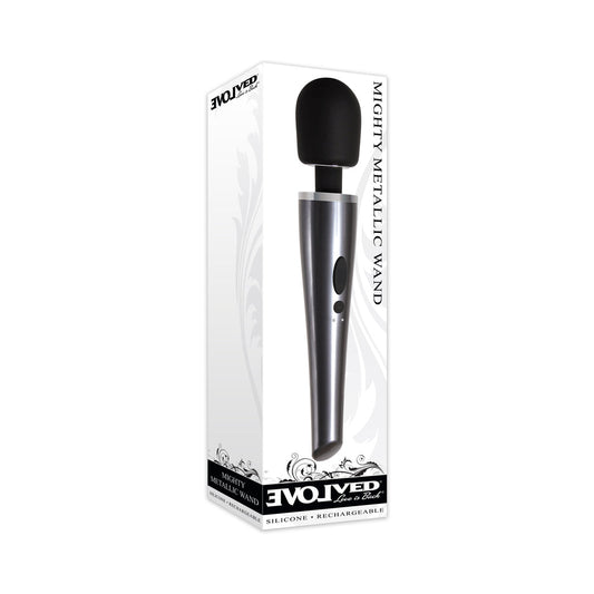 Evolved Mighty Metallic Wand Rechargeable Silicone Wand Vibrator Chrome/Black - Red Garter