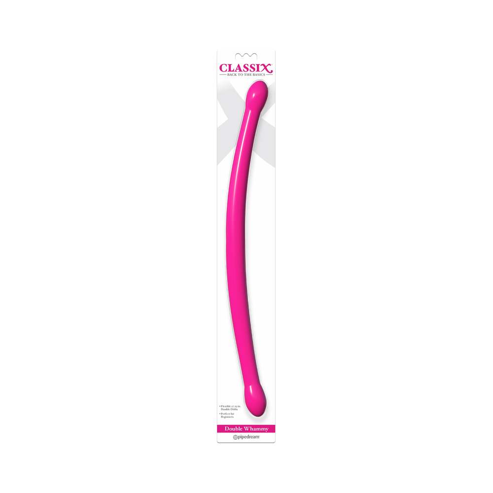 Pipedream Classix Double Whammy 17.25 in. Flexible Dual-Ended Dildo Pink - Red Garter