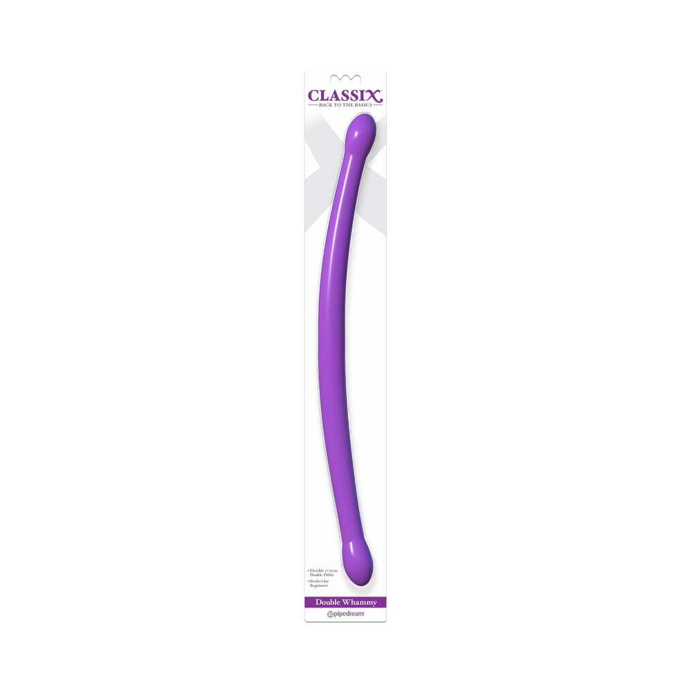 Pipedream Classix Double Whammy 17.25 in. Flexible Dual-Ended Dildo Purple - Red Garter