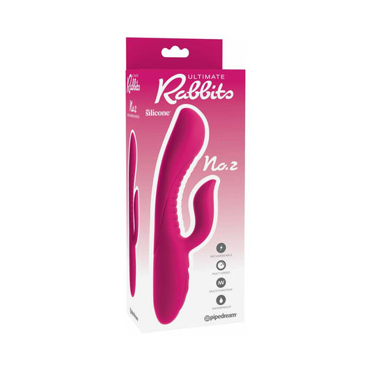 Pipedream Ultimate Rabbits No. 2 Rechargeable Silicone Dual Stimulation Vibrator Fuchsia - Red Garter
