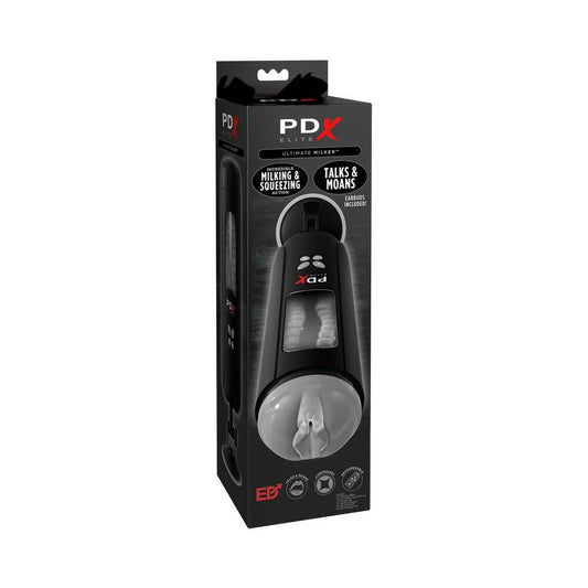 PDX Elite Ultimate Milker Gyrating Suction Stroker With Audio and Suction Cup Clear/Black - Red Garter