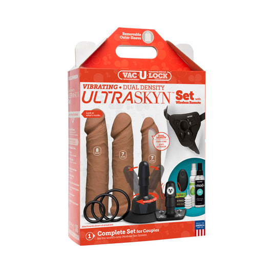 Vac-U-Lock - VIBRATING Dual Density ULTRASKYN Set w/Wireless Remote Caramel - Red Garter