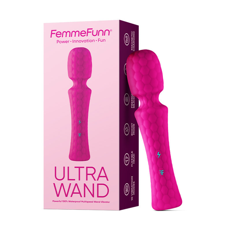 FemmeFunn Ultra Wand Rechargeable Flexible Textured Silicone Vibrator Pink - Red Garter