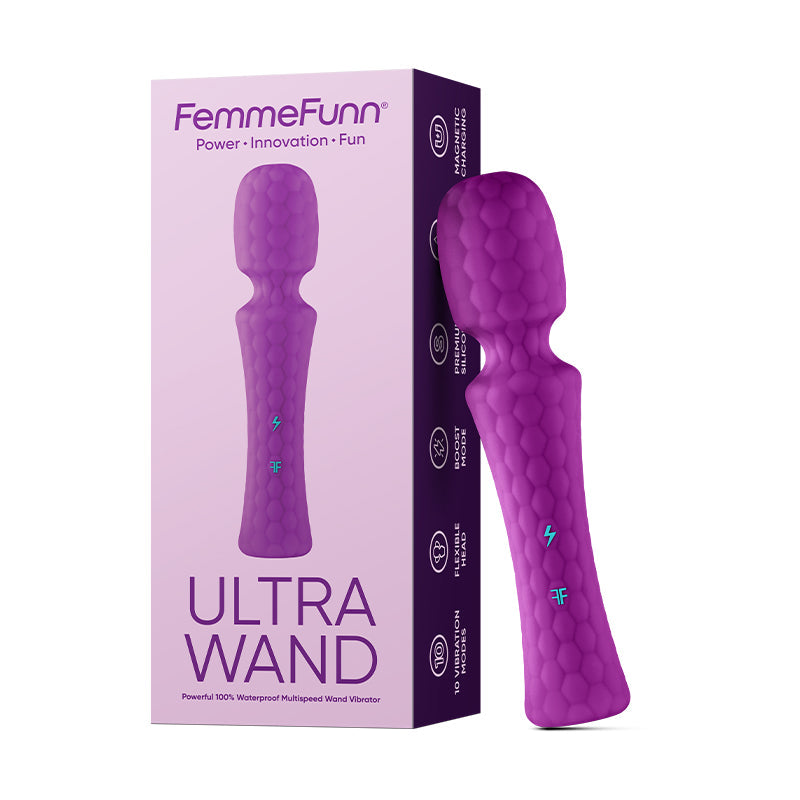 FemmeFunn Ultra Wand Rechargeable Flexible Textured Silicone Vibrator Purple - Red Garter
