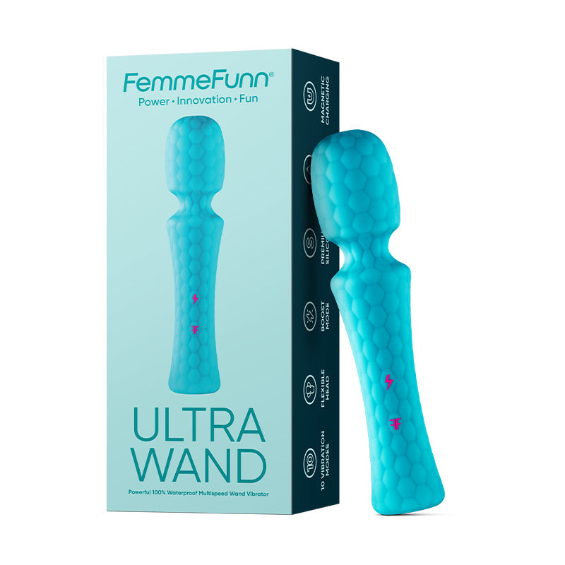 FemmeFunn Ultra Wand Rechargeable Flexible Textured Silicone Vibrator Turquoise - Red Garter