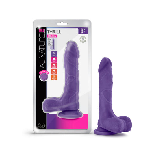 Au Naturel Bold Thrill 8.5 in. Posable Dual Density Dildo with Balls Purple - Red Garter