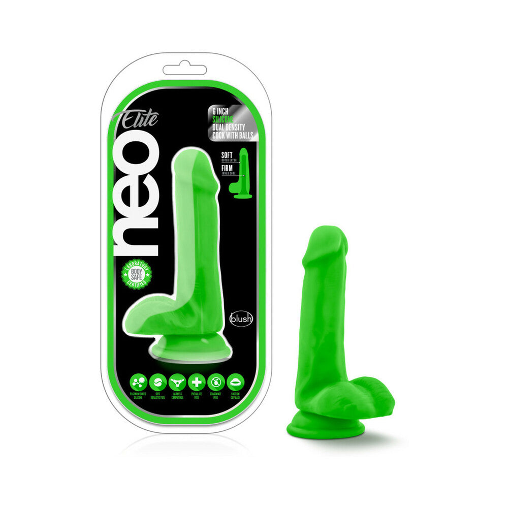 Neo Elite 6 in. Silicone Dual Density Dildo with Balls Neon Green - Red Garter