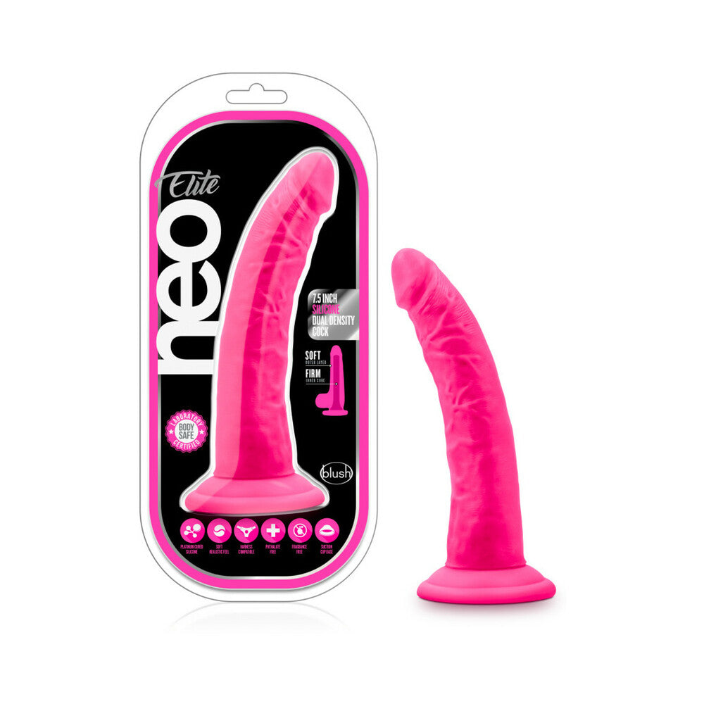 Neo Elite 7.5 in. Silicone Dual Density Dildo Neon Pink - Red Garter