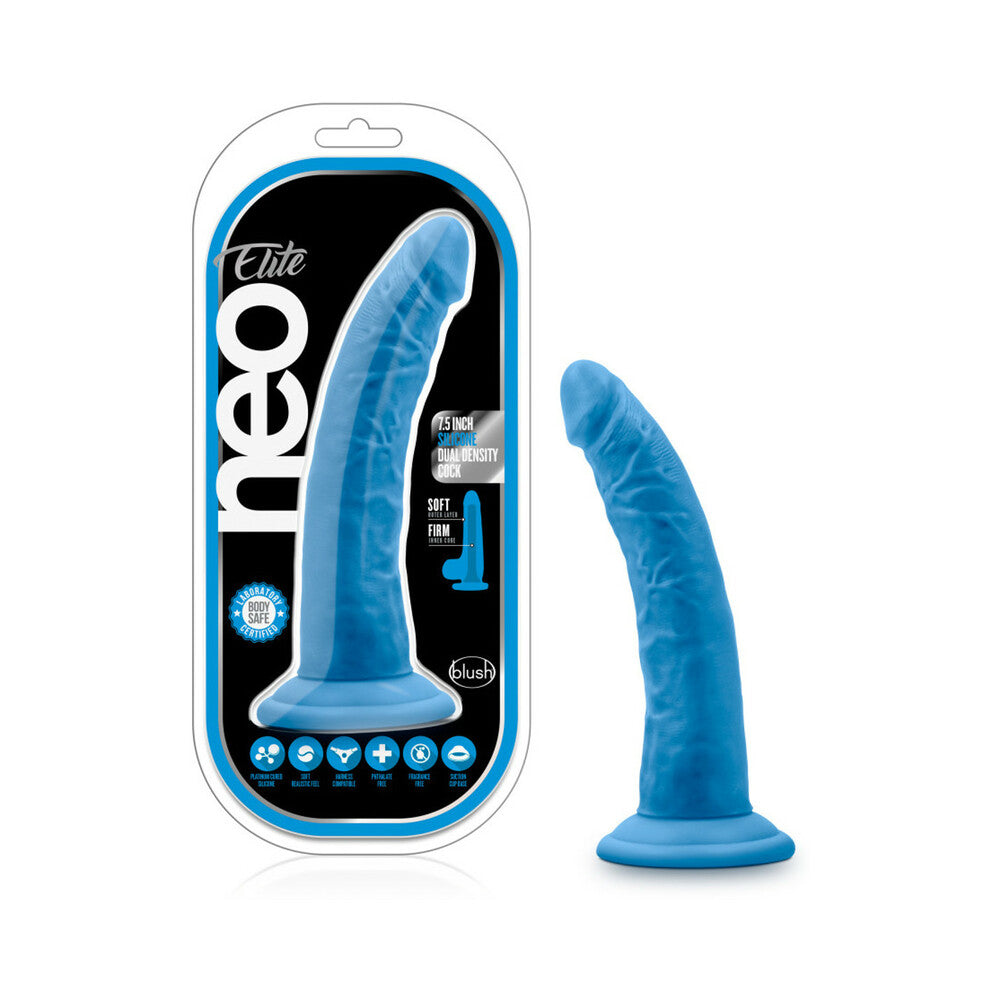 Neo Elite 7.5 in. Silicone Dual Density Dildo Neon Blue - Red Garter