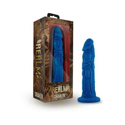 The Realm Draken 7.5 in. Silicone Lock On Fantasy Dildo Blue - Red Garter