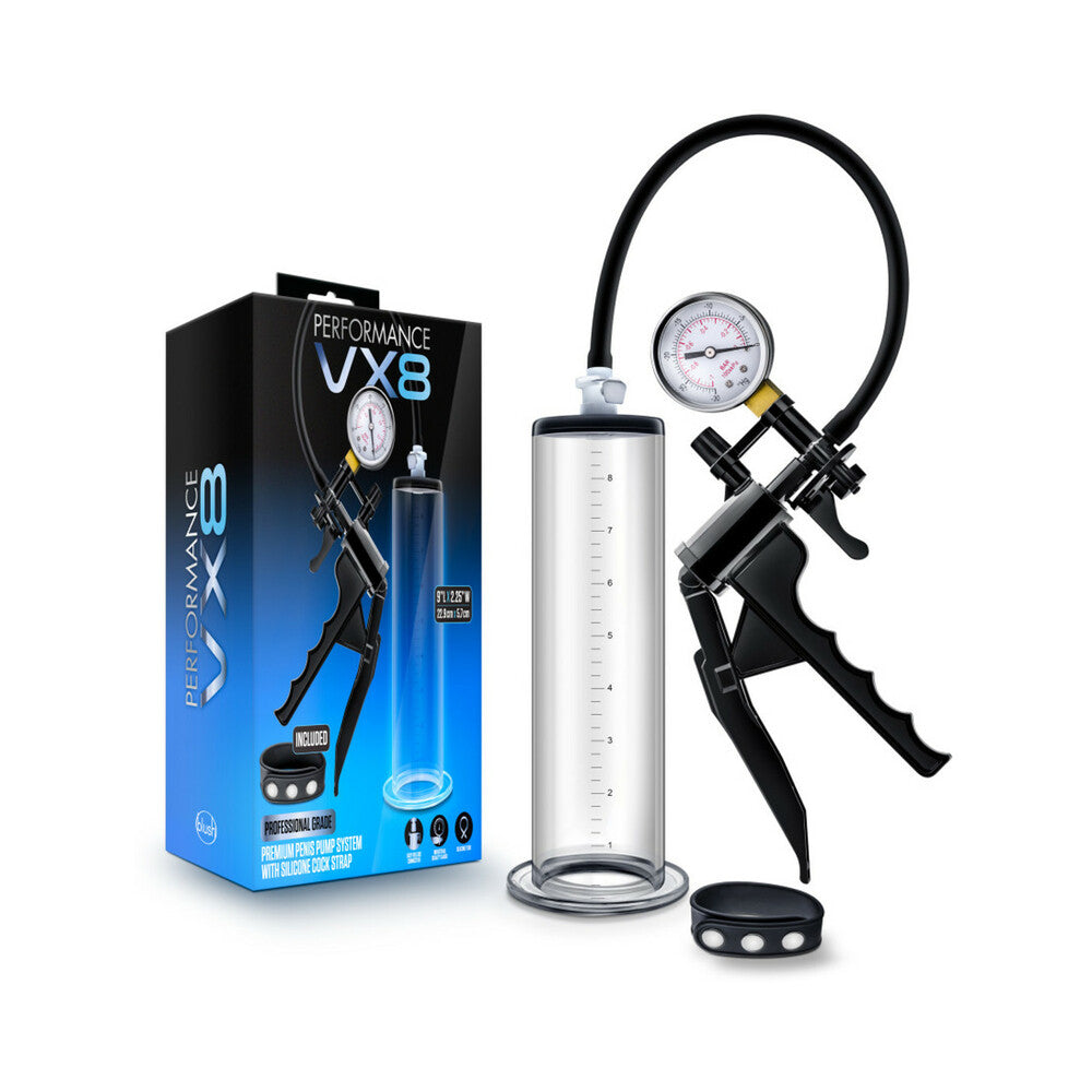 Blush Performance VX8 Premium Penis Pump System with Silicone Cock Strap Clear - Red Garter