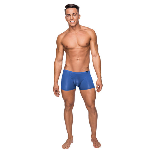 Male Power Seamless Sleek Short w. Sheer Pouch Blue Small - Red Garter