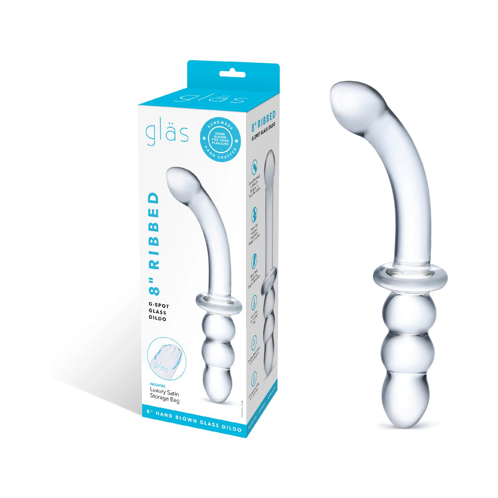 Glas 8 in. Ribbed G-Spot Glass Dildo - Red Garter