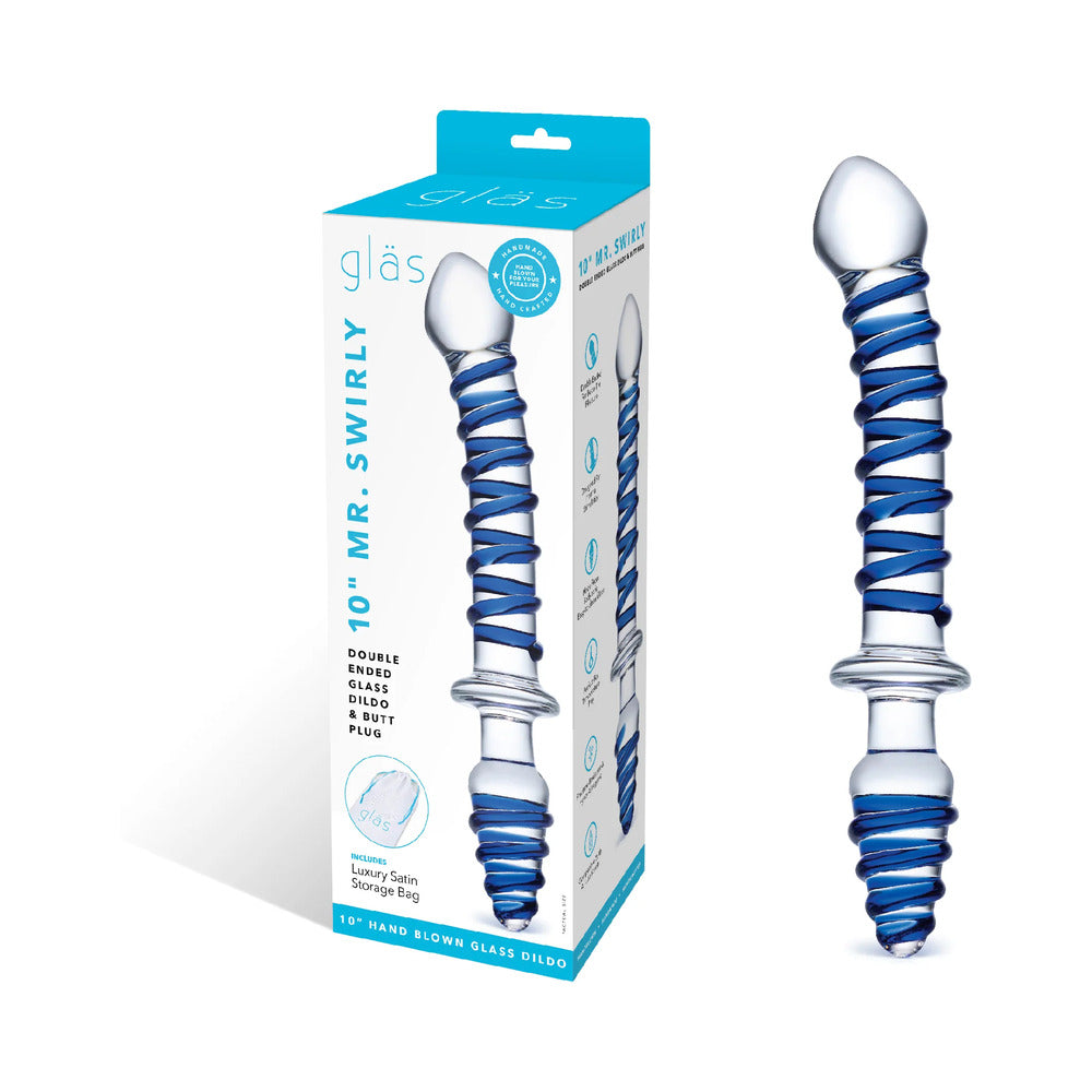 Glas 10 in. Mr. Swirly Double Ended Glass Dildo & Butt Plug - Red Garter