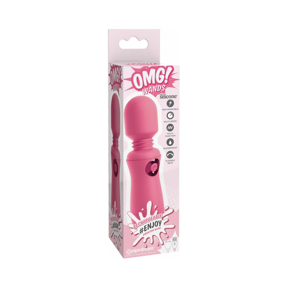 Pipedream OMG! Wands #Enjoy Silicone Rechargeable Flexible Vibrating Wand Pink - Red Garter