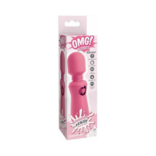 Pipedream OMG! Wands #Enjoy Silicone Rechargeable Flexible Vibrating Wand Pink - Red Garter