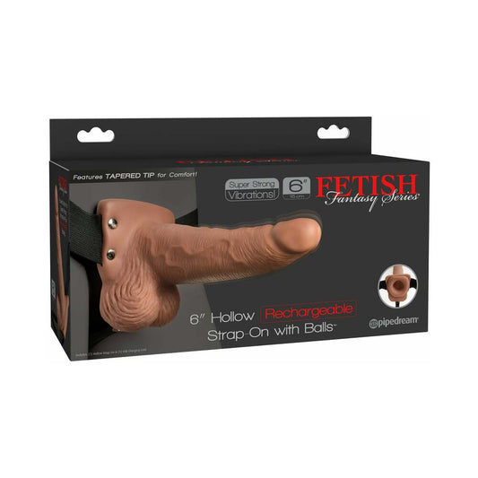 Pipedream Fetish Fantasy Series Rechargeable Vibrating 6 in. Hollow Strap-On With Balls Tan/Black - Red Garter