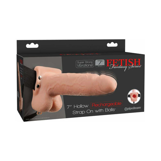 Pipedream Fetish Fantasy Series Rechargeable Vibrating 7 in. Hollow Strap-On With Balls Beige/Black - Red Garter