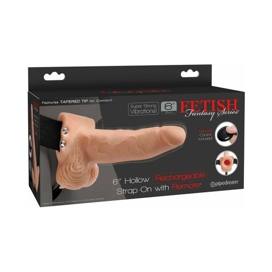 Pipedream Fetish Fantasy Series Vibrating 6 in. Hollow Strap-On With Balls Beige/Black - Red Garter