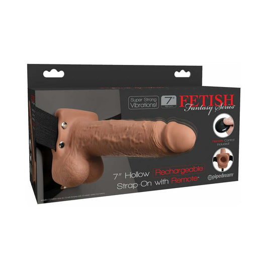 Pipedream Fetish Fantasy Series Vibrating 7 in. Hollow Strap-On With Balls Tan/Black - Red Garter
