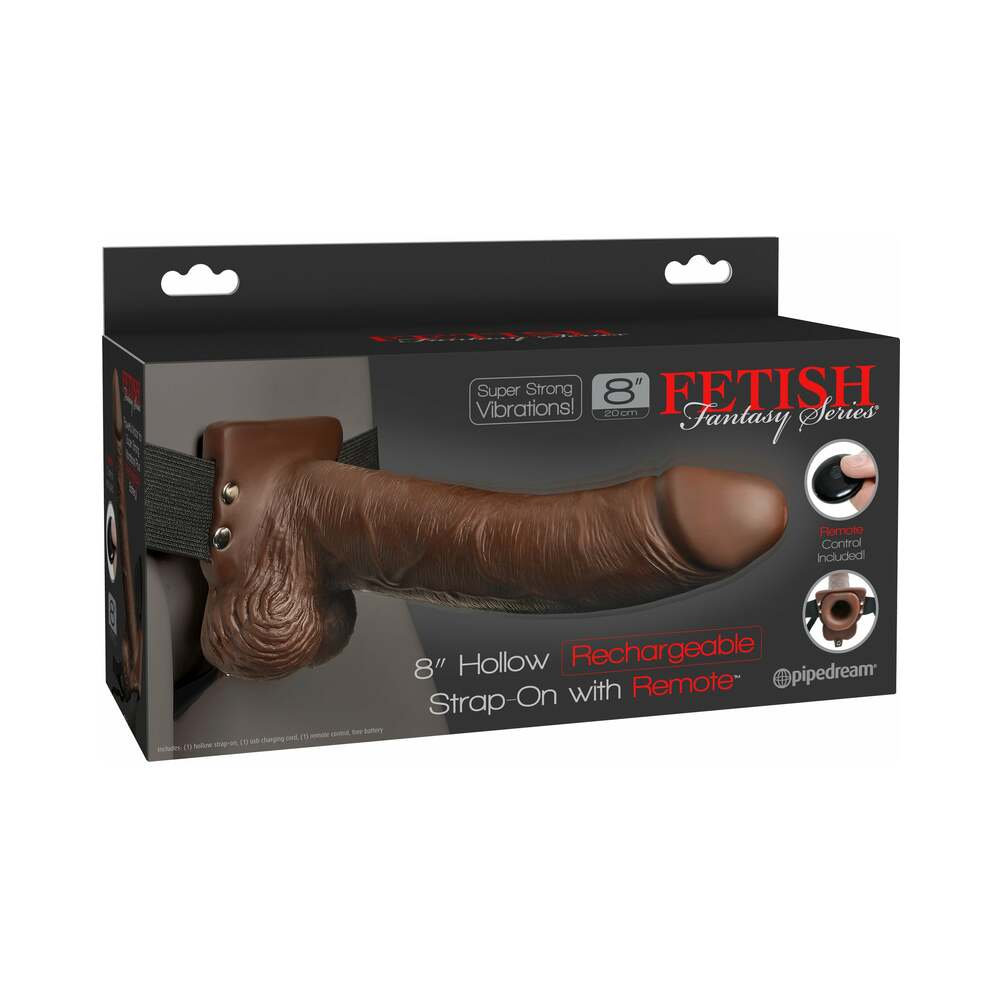 Pipedream Fetish Fantasy Series Vibrating 8 in. Hollow Strap-On With Balls Brown/Black - Red Garter