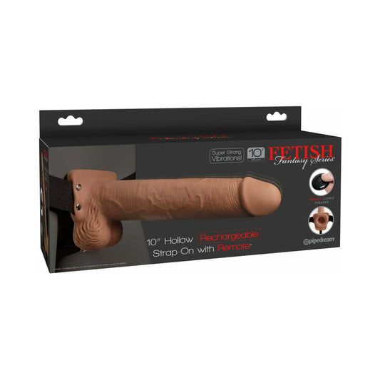 Pipedream Fetish Fantasy Series Vibrating 10 in. Hollow Strap-On With Balls Tan/Black - Red Garter