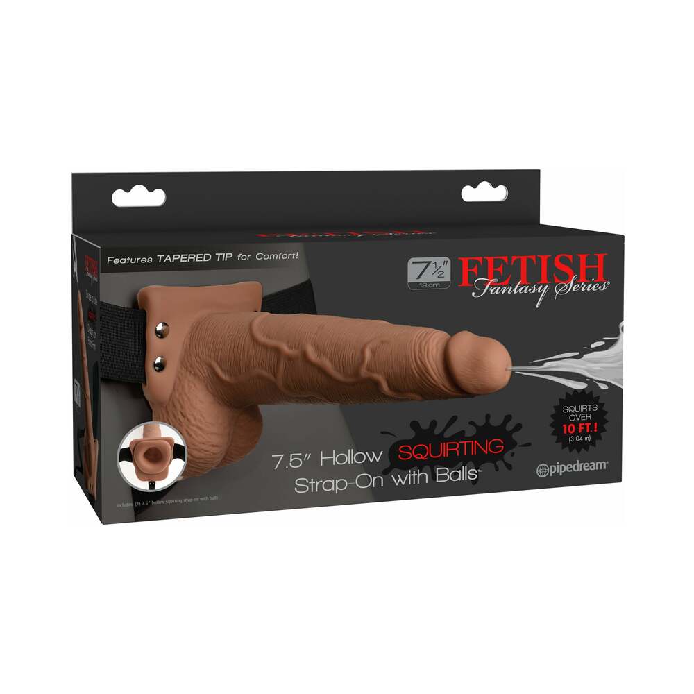 Pipedream Fetish Fantasy Series 7.5 in. Hollow Squirting Strap-On With Balls Tan/Black - Red Garter