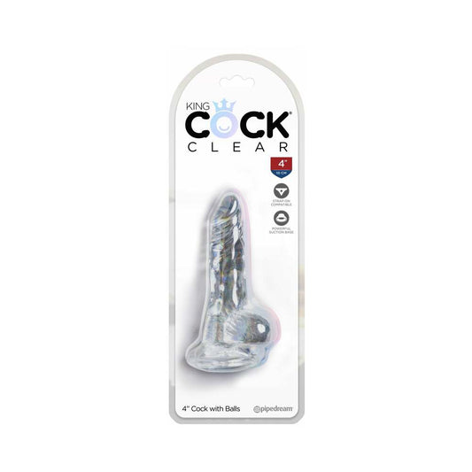 Pipedream King Cock Clear 4 in. Cock With Balls Realistic Suction Cup Dildo - Red Garter
