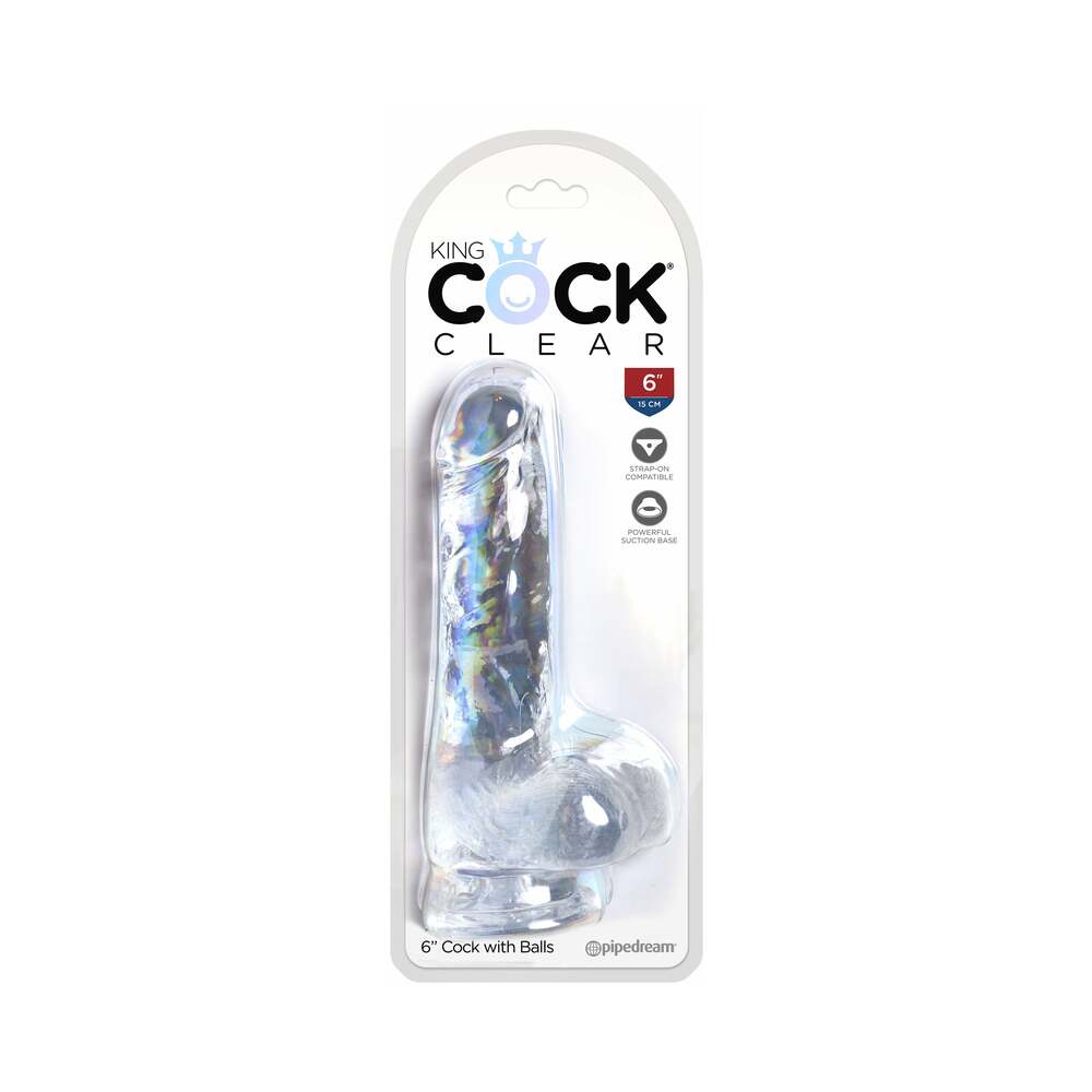 Pipedream King Cock Clear 6 in. Cock With Balls Realistic Suction Cup Dildo - Red Garter