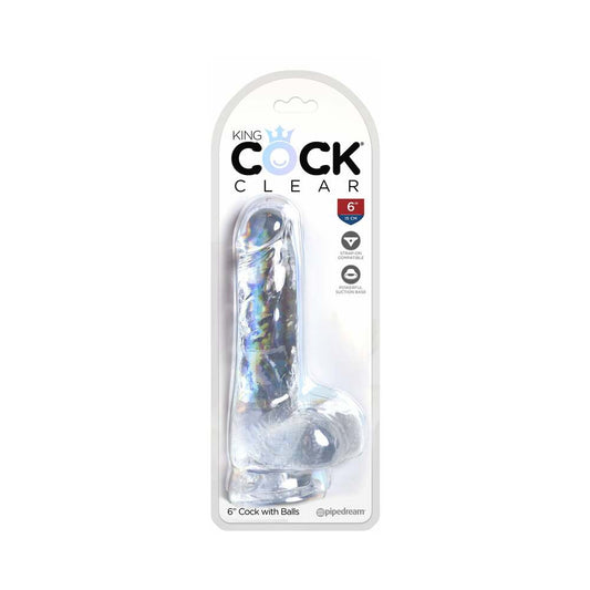 Pipedream King Cock Clear 6 in. Cock With Balls Realistic Suction Cup Dildo - Red Garter