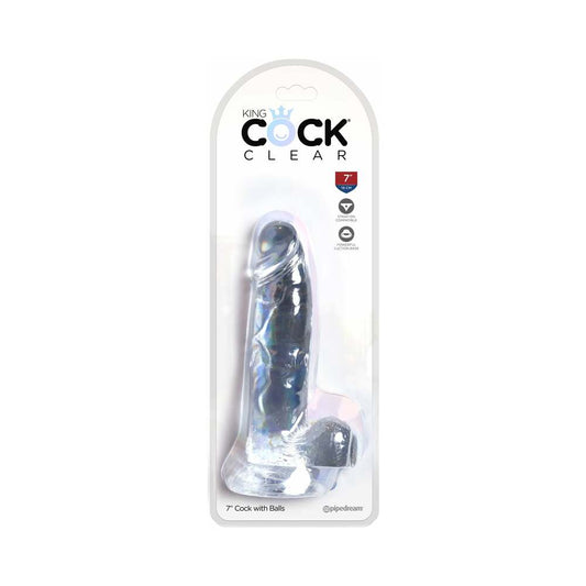 Pipedream King Cock Clear 7 in. Cock With Balls Realistic Suction Cup Dildo - Red Garter