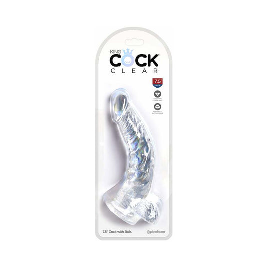 Pipedream King Cock Clear 7.5 in. Cock With Balls Realistic Suction Cup Dildo - Red Garter